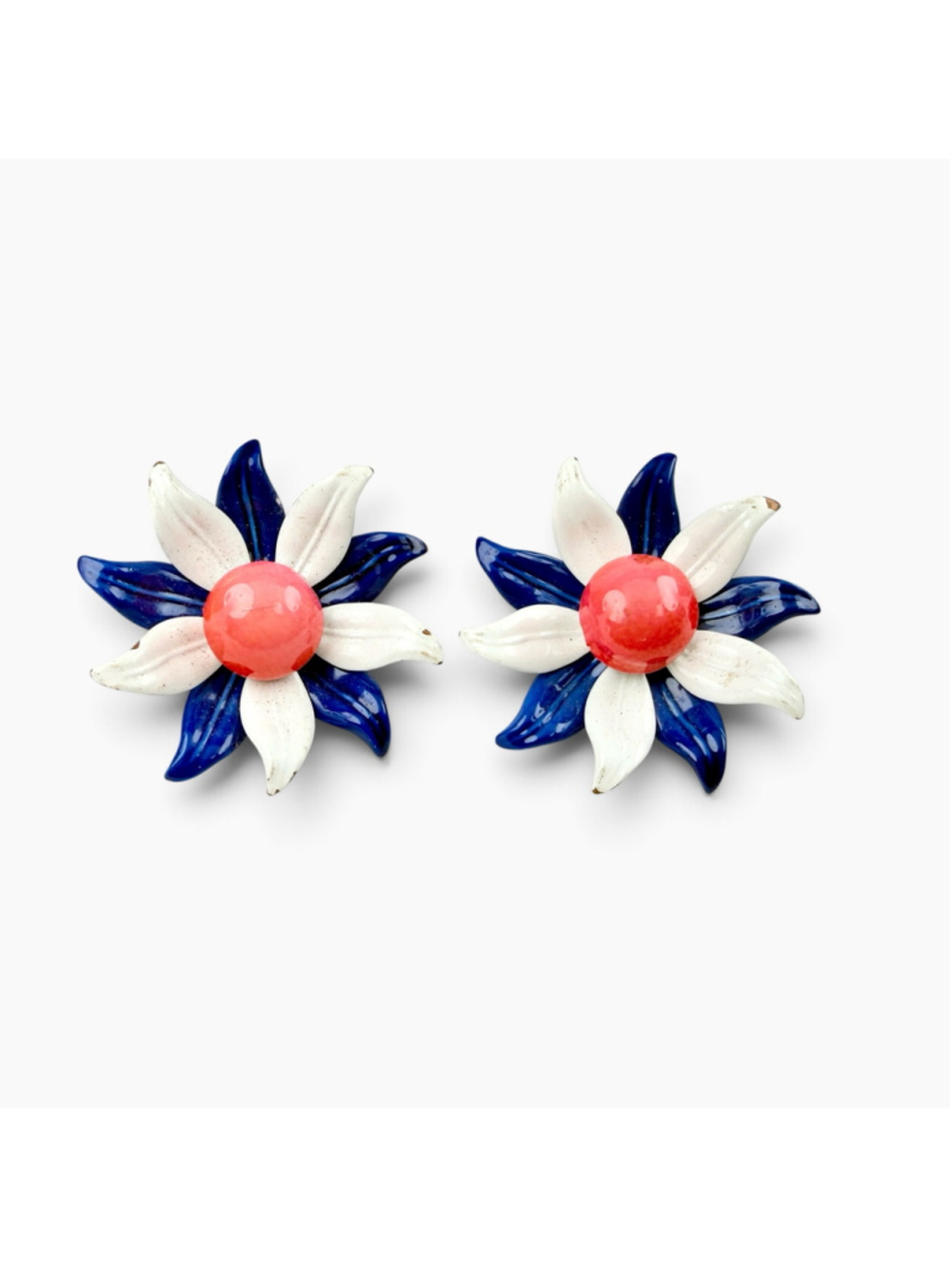 Vintage Enamel Coral Red Blue White Flower Clip-On Earrings